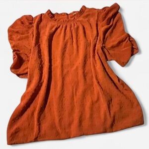 Loft Autumn Orange Swiss Dot Blouse with Puffed Rouched Sleeves, Size XL, NWOT